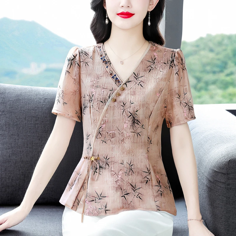 新款2025夏季复古国风短袖翻领印花宽松显瘦修身大码上衣女