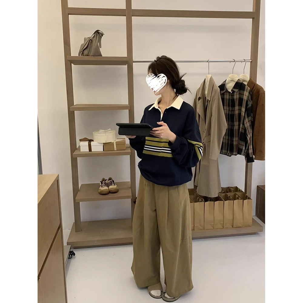 韩系宽松撞色polo领卫衣女+直筒显瘦休闲裤   60350