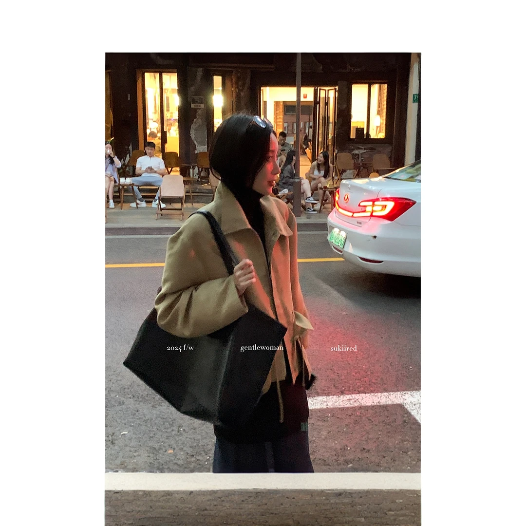 sukiired廓形立领抽绳大口袋短夹克叠穿两件套透视感半裙秋冬