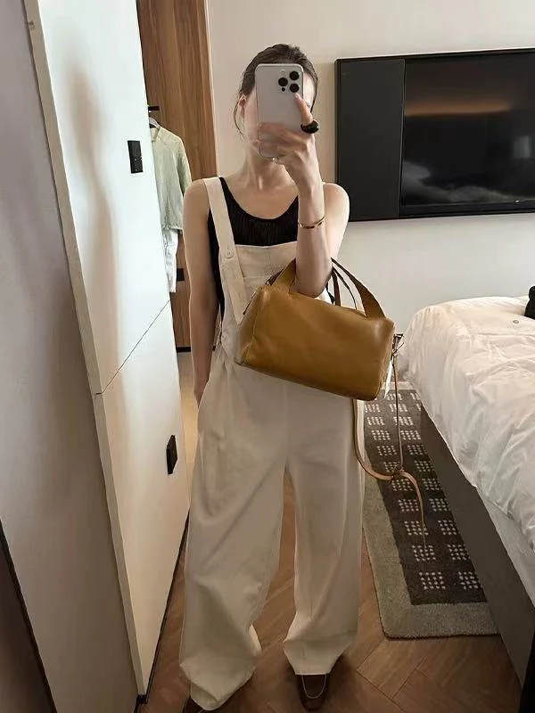 2025韩系复古减龄工装风吊带裤宽松阔腿背带连体裤女设计感长裤