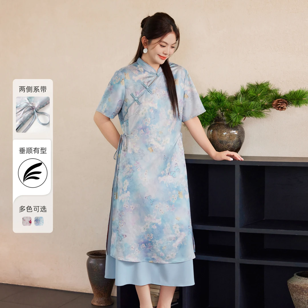 MsShe大码女装2025新中式提花缎面拼接雪纺系带改良旗袍S2507030