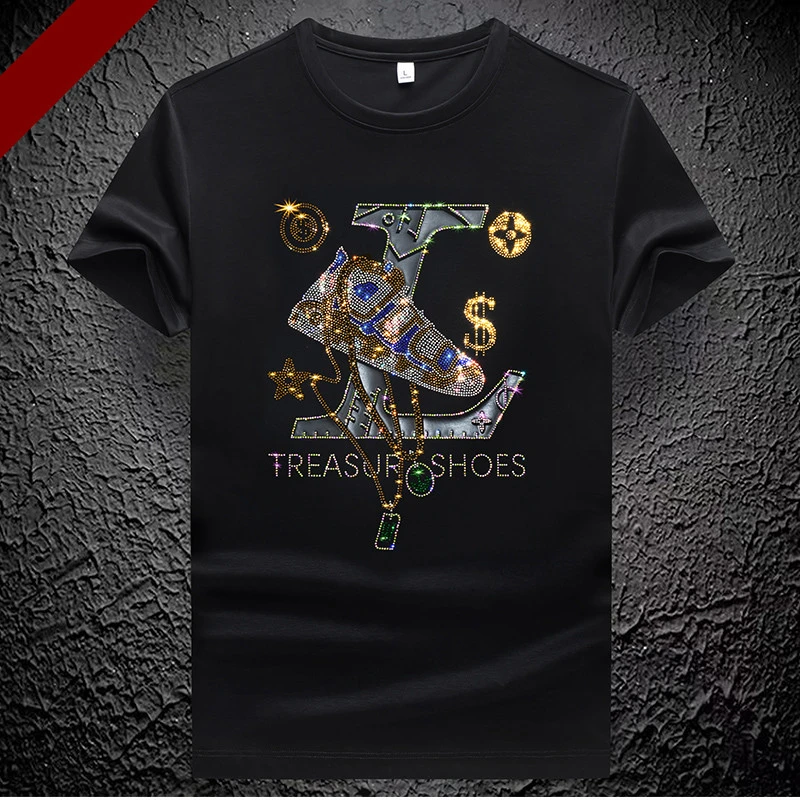 梵基弗奈重工烫钻短袖T恤男士时尚冰丝修身帅气休闲百搭欧货潮男