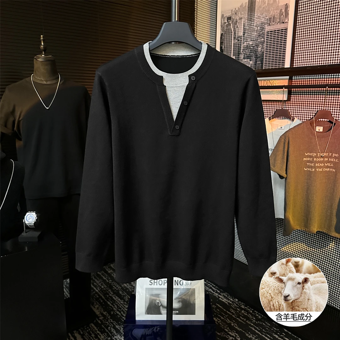 原创春季新款绵羊毛针织撞色假两件时尚简约百搭长袖上