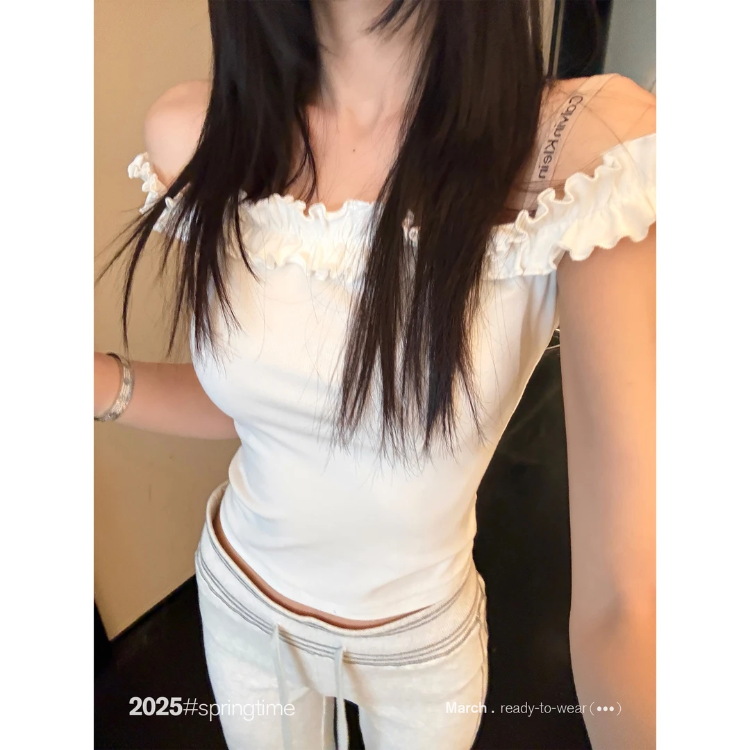 SUNONEONE 一字肩木耳边上衣女春夏无袖显瘦美式纯色T恤H0922T