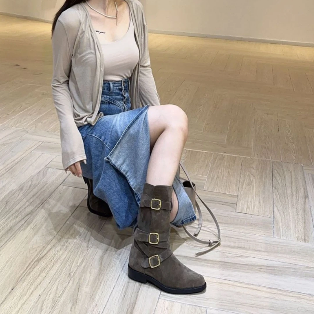 XSJ短靴女新款搭扣西部靴中筒马丁靴女英伦风尖头粗跟骑士靴