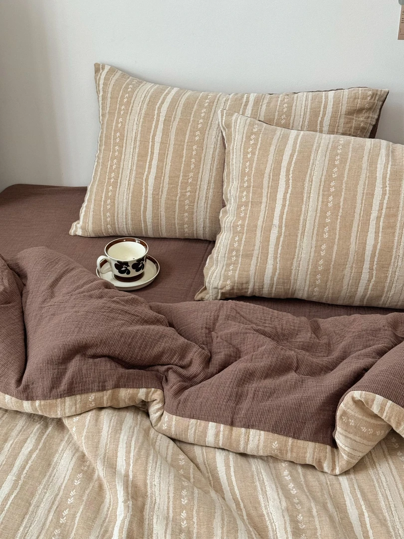 【望川】中古奶油侘寂风色织提花双层棉麻四件套纯棉肌理感质感高级