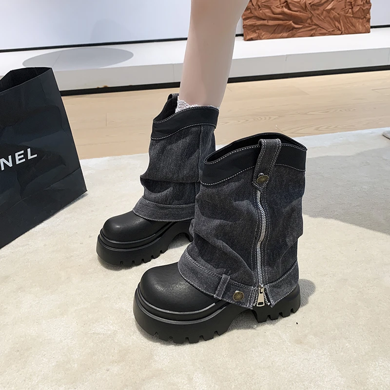 牛仔靴厚底增高女马丁靴短筒裤管靴2025秋季新款小个子堆堆时装靴