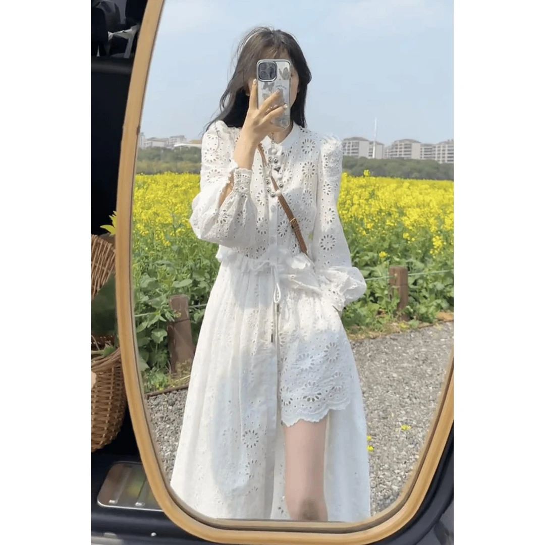 2025春秋新款女设计感小众白色蕾丝裙法式重工长袖连衣裙套装