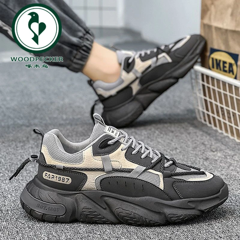 【正品】啄木鸟老爹鞋男鞋新款透气网面运动鞋男士潮流百搭内增高