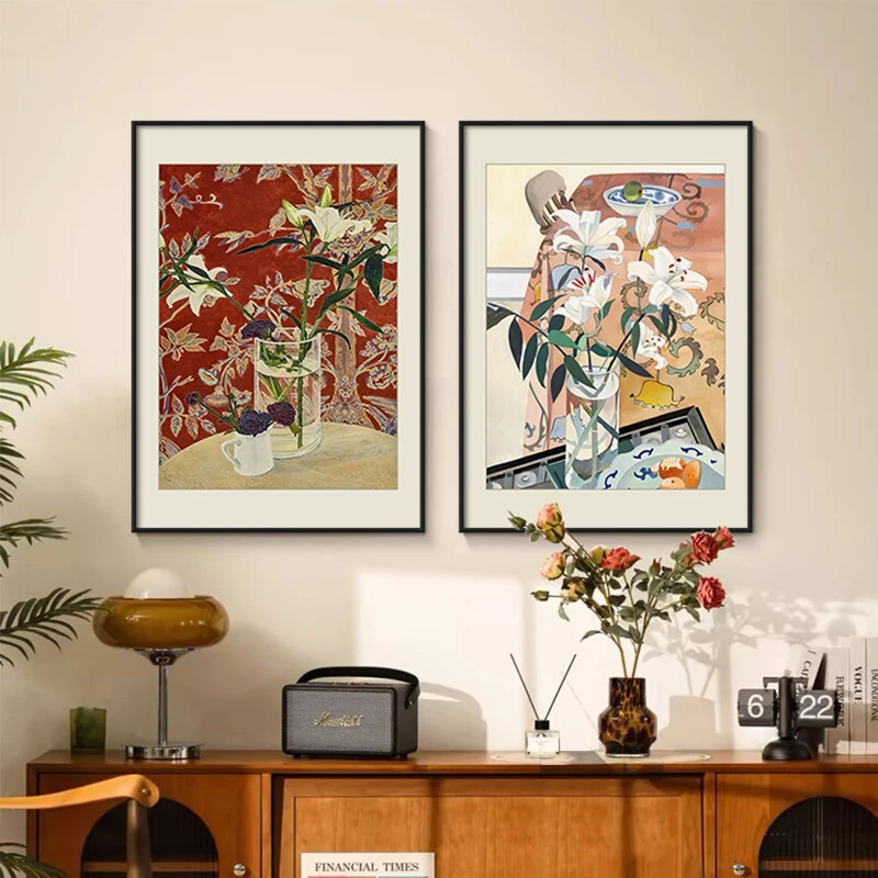 《餐边百合花》卧室画法式复古花卉客厅装饰画中古风餐厅桌面摆画