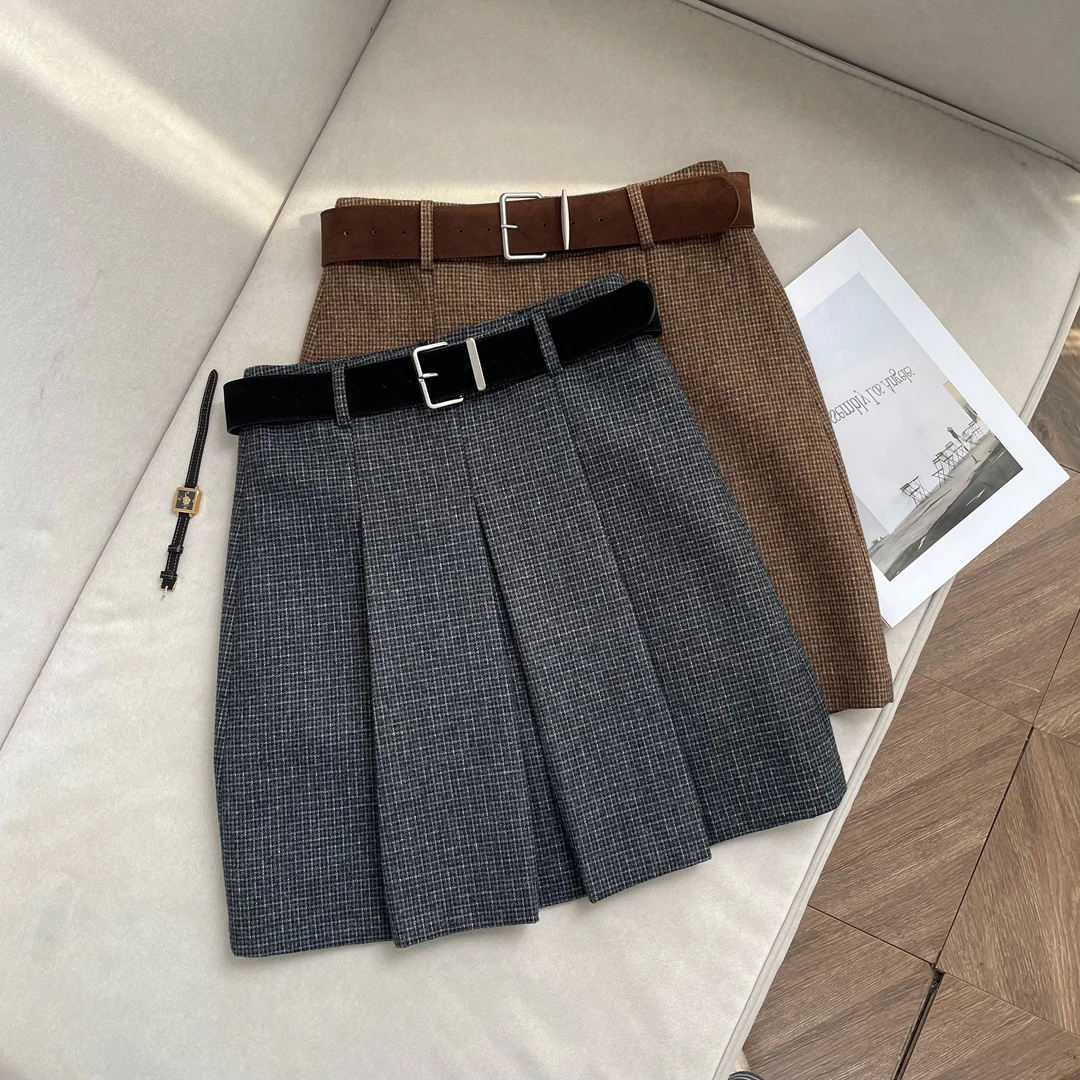 【南油子宸】秋冬美式格纹压褶半裙配腰带时尚气质A字中裙女802094