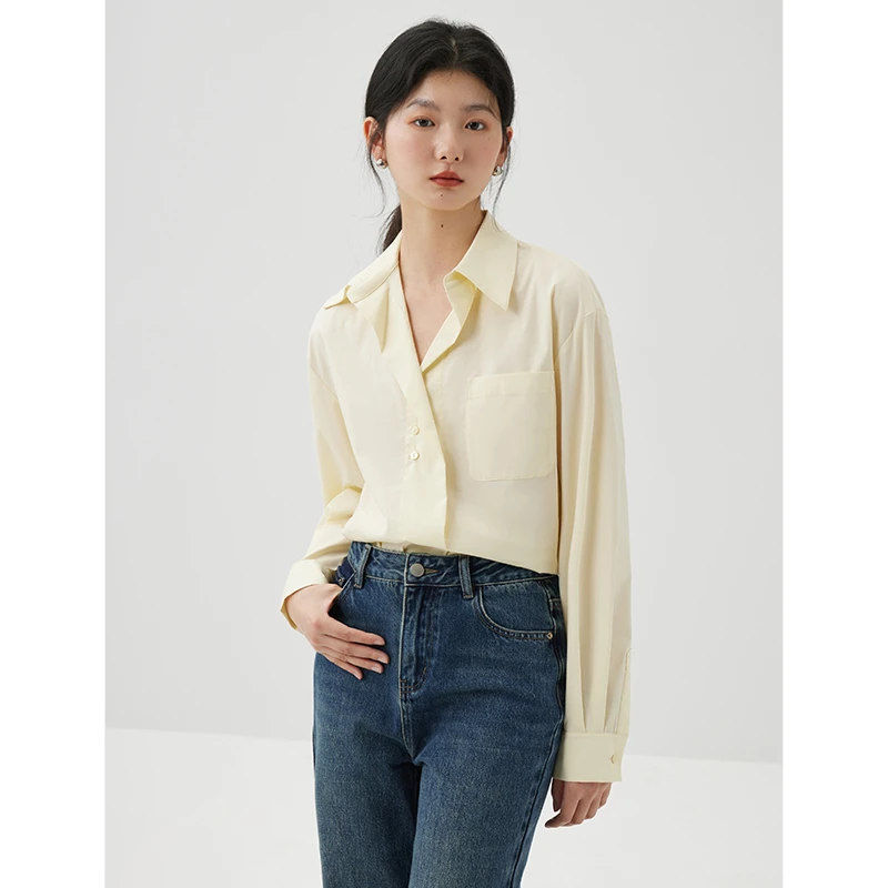 自巧小个子女装穿搭纯色法式时尚设计感落肩袖衬衫上衣 24ZQ91051