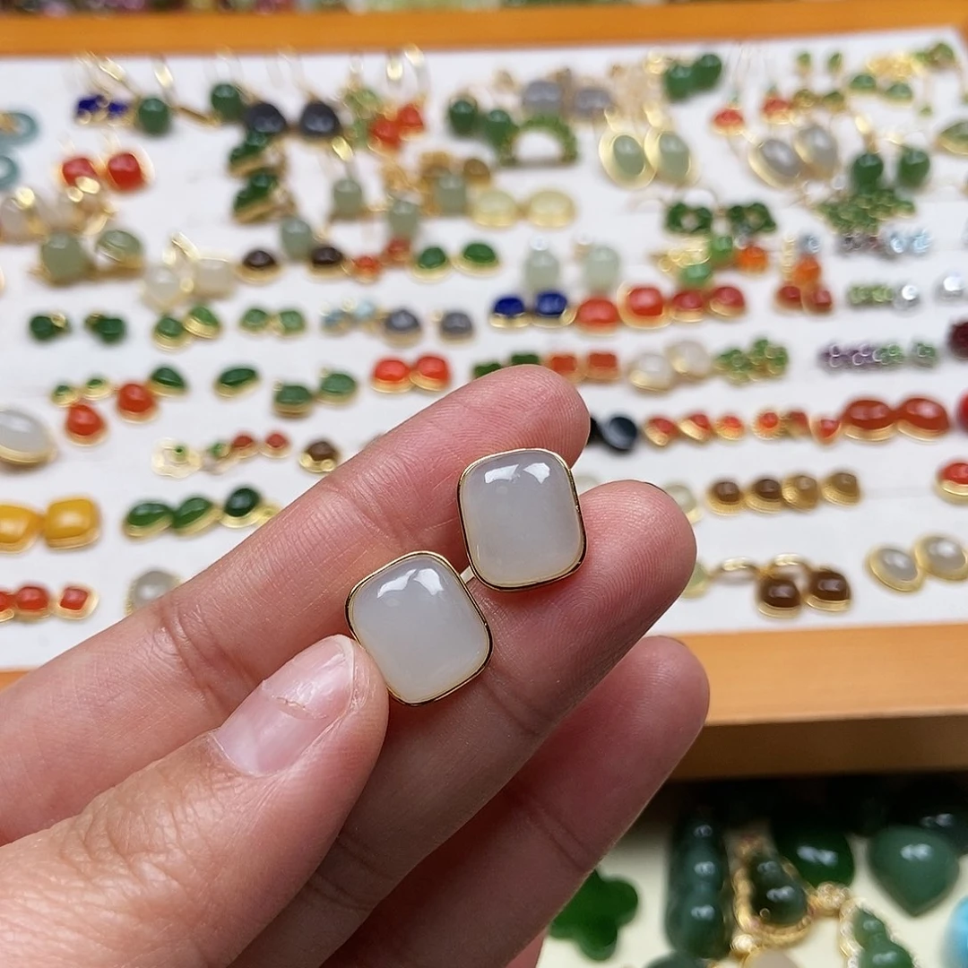 和田玉耳饰银S925镶嵌