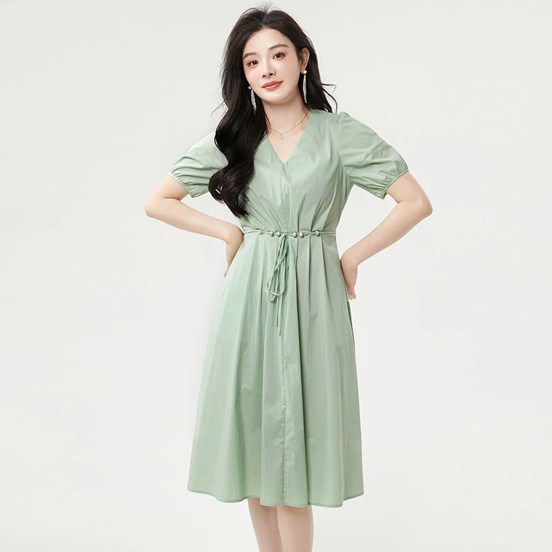 B023时尚V领中长裙松紧腰裙子连衣裙女2025夏52JI0A0023