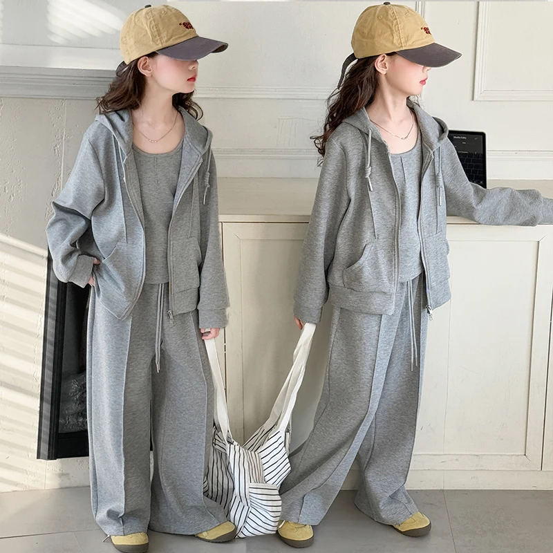 女童春秋套装2025新款6-12岁小女孩纯色休闲卫衣连帽三件套潮