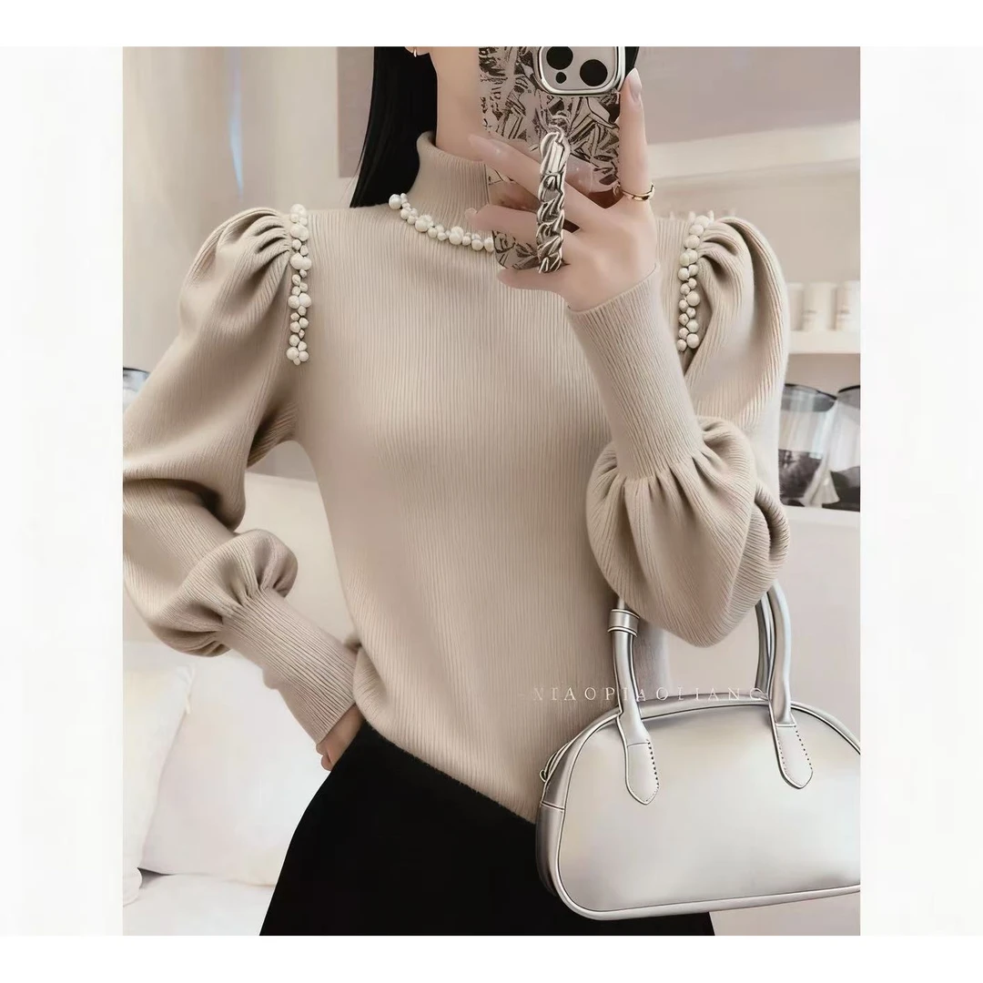 法式半高领甜美钉珠设计感针织衫泡泡袖通勤风上衣5261#0.1 yy