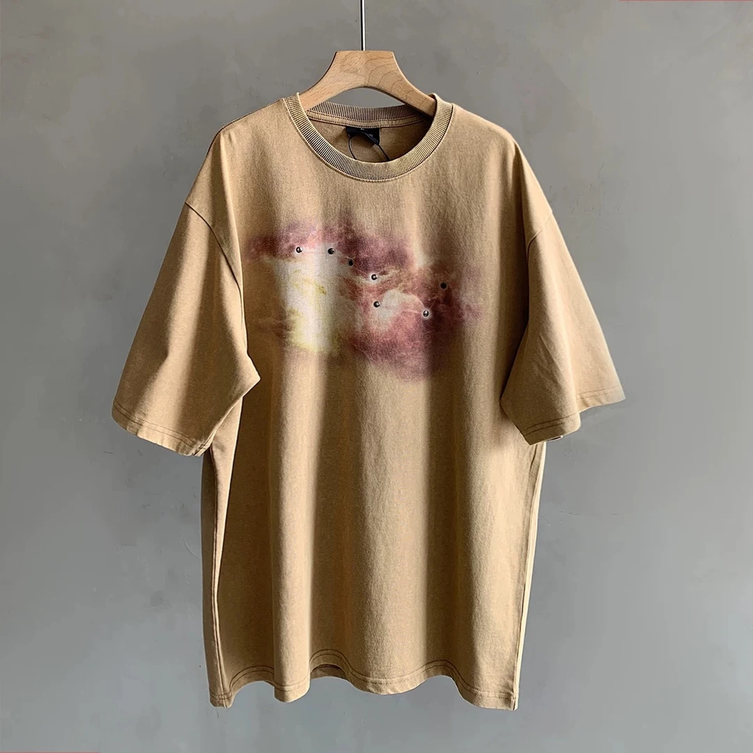 夏季宽松vintage铆钉重工复古水洗领短袖T恤男女潮-T23