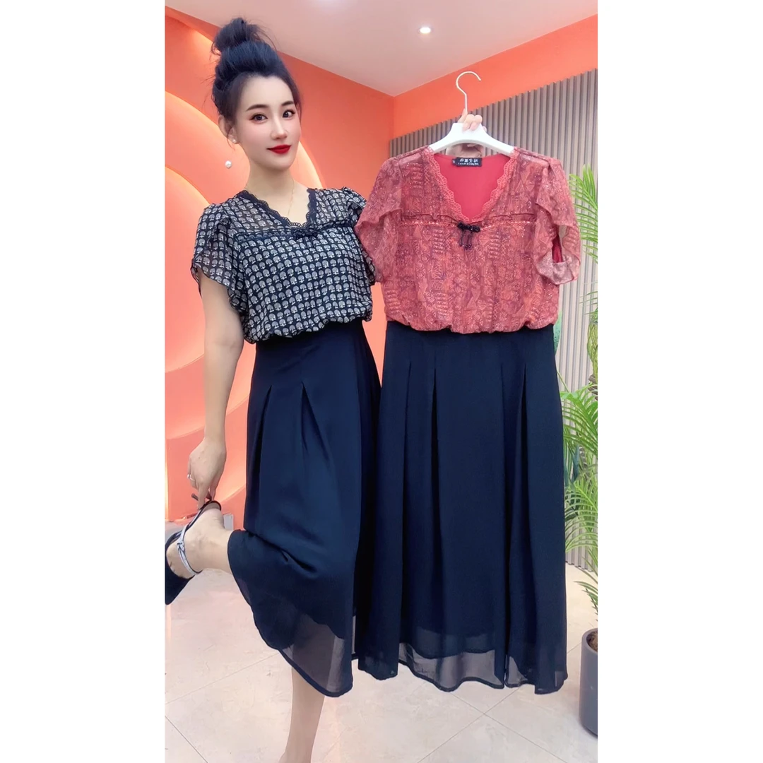 1136女士夏季短袖小V领连衣裙高端定制工艺国风蕾丝拼接长裙