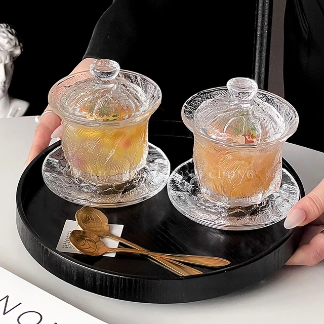 中式冰川玻璃燕窝盅家用高颜值带盖碗碟套装甜品碗创意糖水银耳碗
