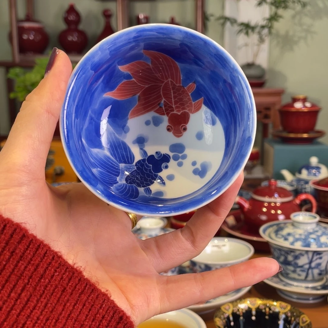 清欢雅玩原矿郎红精品金鱼炉士杯