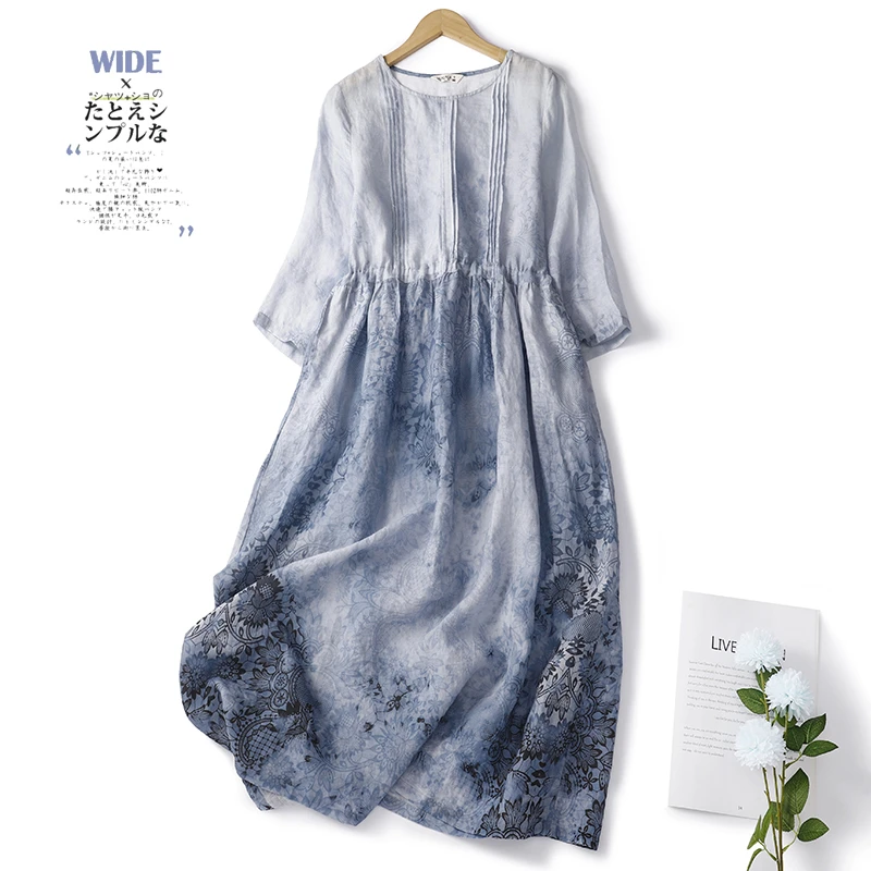 中年妈妈时尚印花圆领七分袖连衣裙女夏季宽松系带文艺亚麻大摆裙