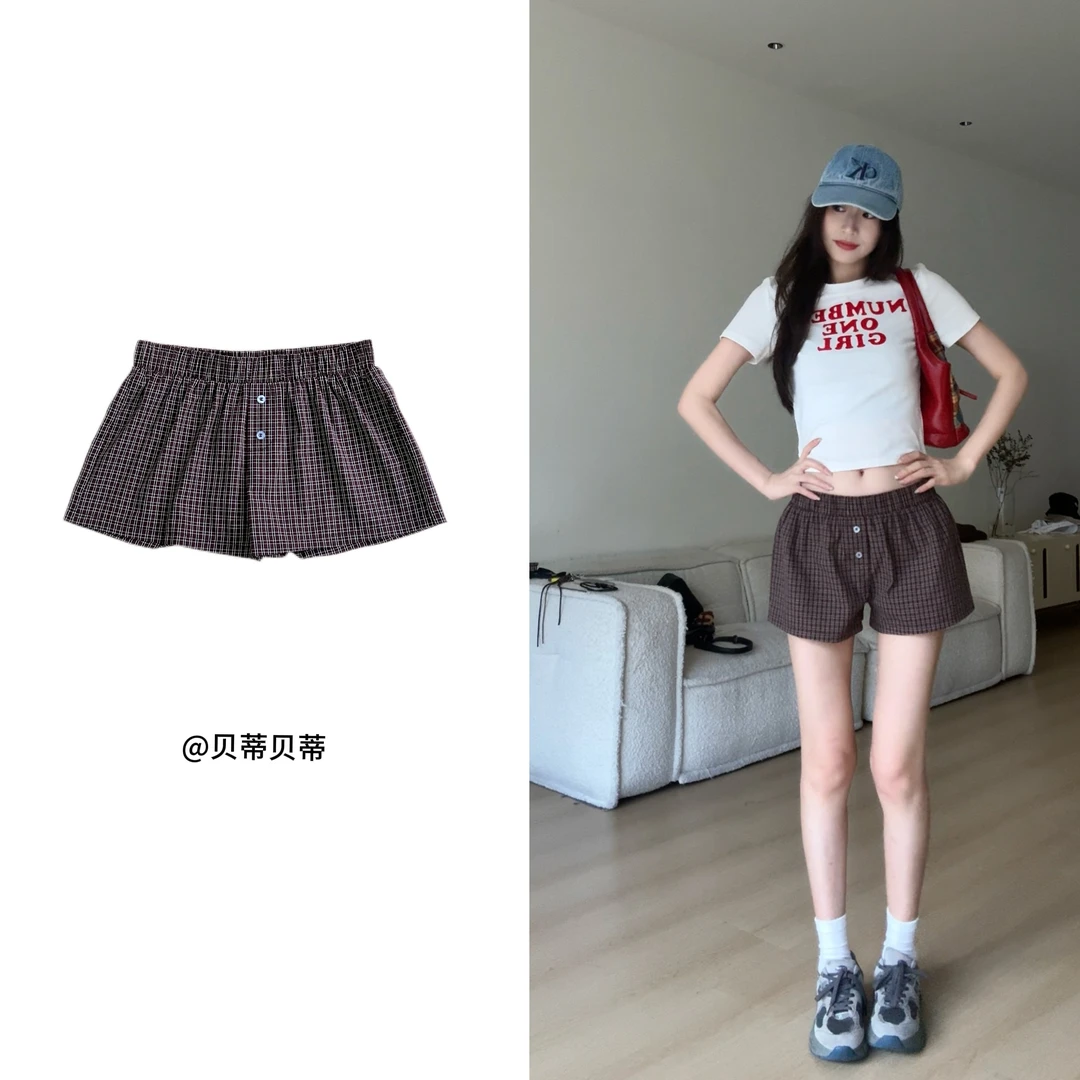 美式复古风格子短裤女潮夏季新款松紧腰两粒扣慵懒直筒休闲bm热裤