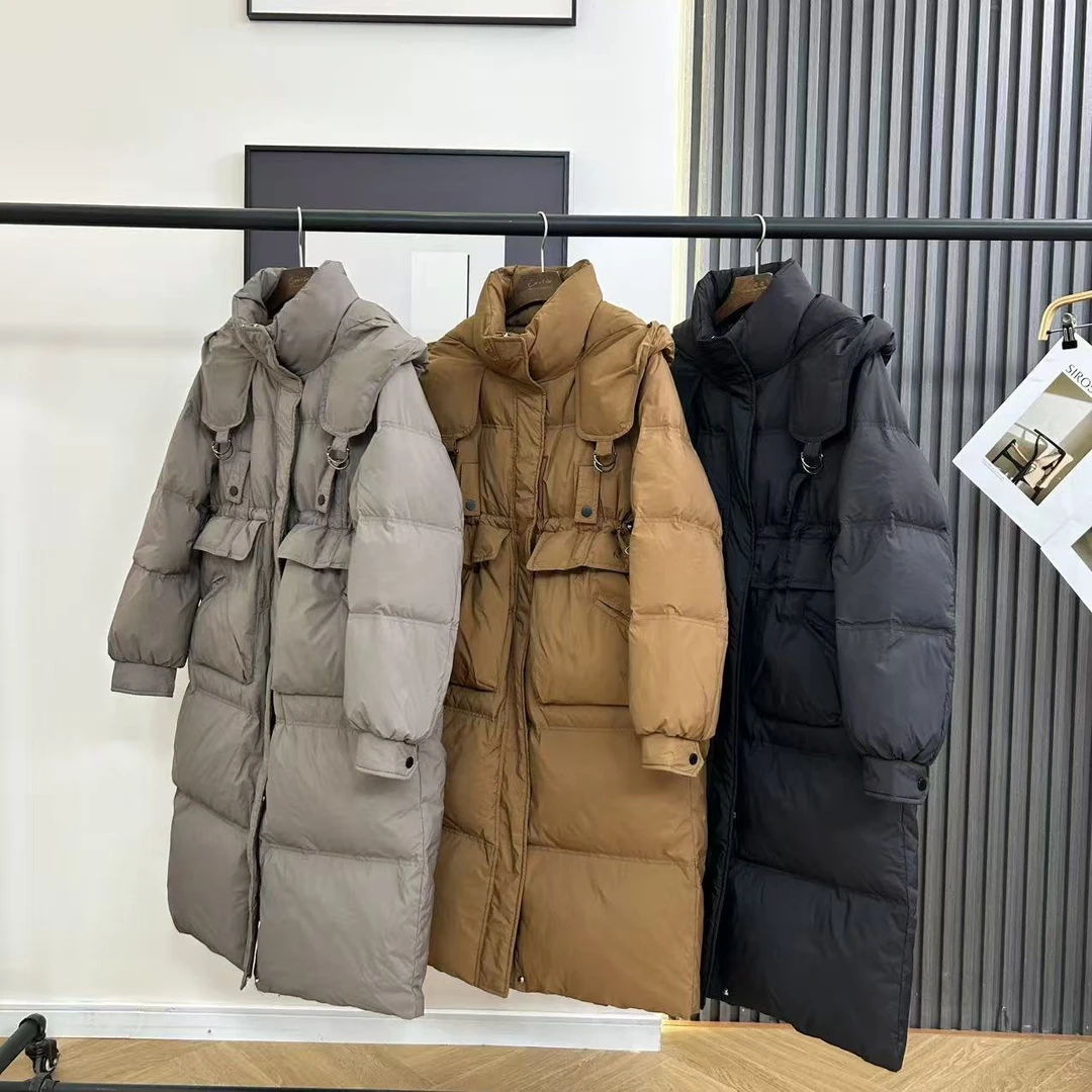 女士秋冬加厚中长款过膝保暖连帽羽绒服Y1397