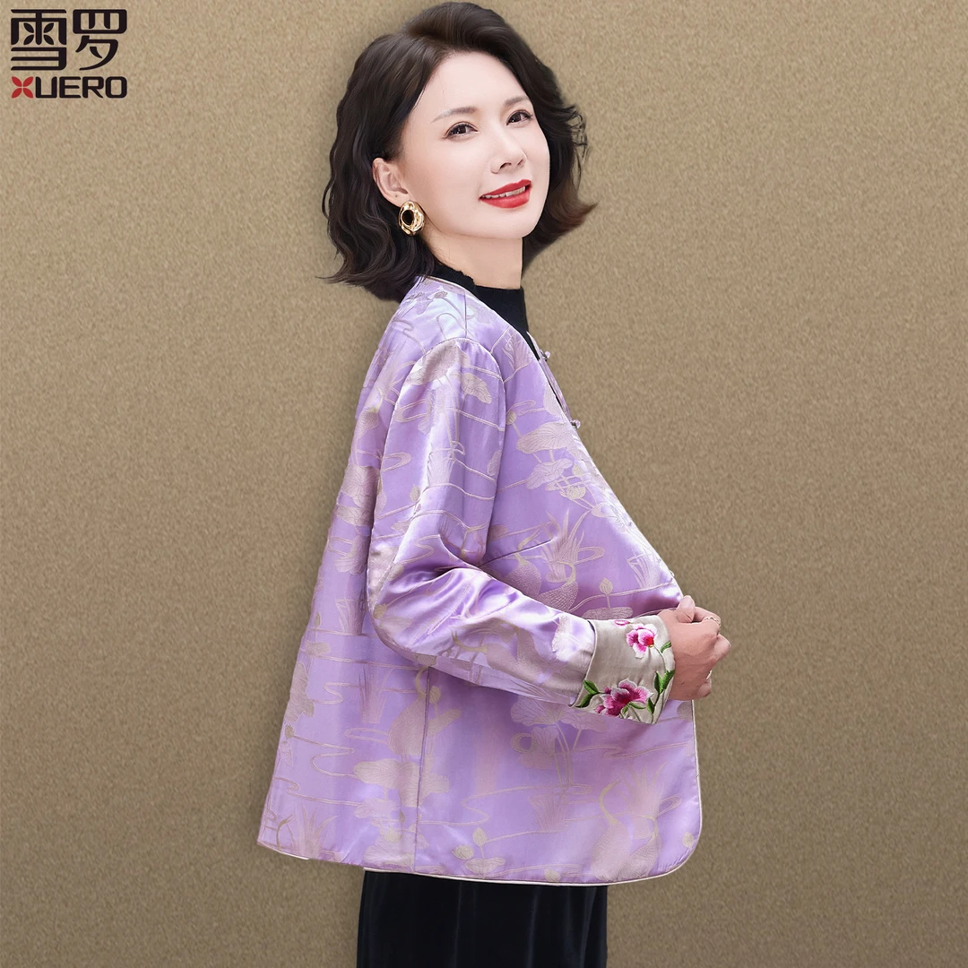 新中式妈妈秋装2025新款夹棉外套中老年人女装春秋季缎面薄棉上衣