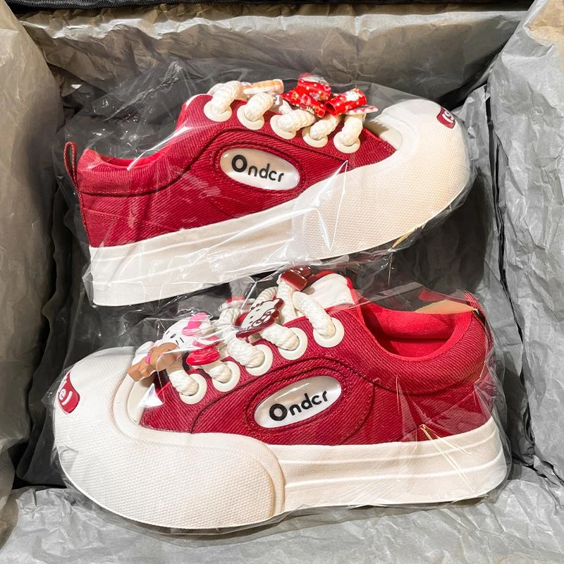 YUYAO/御耀蛇年限定开口笑帆布鞋女新款厚底百搭丑萌大头鞋红色潮