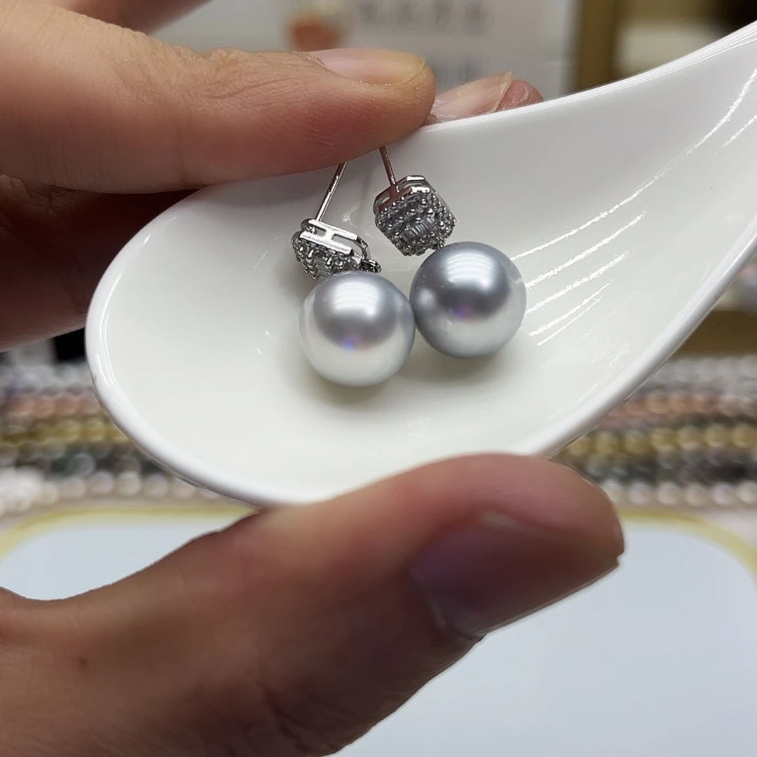 海水珍珠银S925镶嵌耳饰