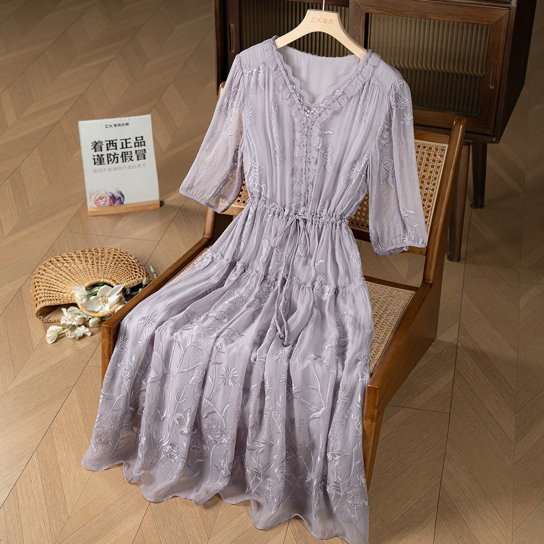 【艺朵】桑蚕丝裙子夏季刺绣短袖真丝优雅连衣裙82599500