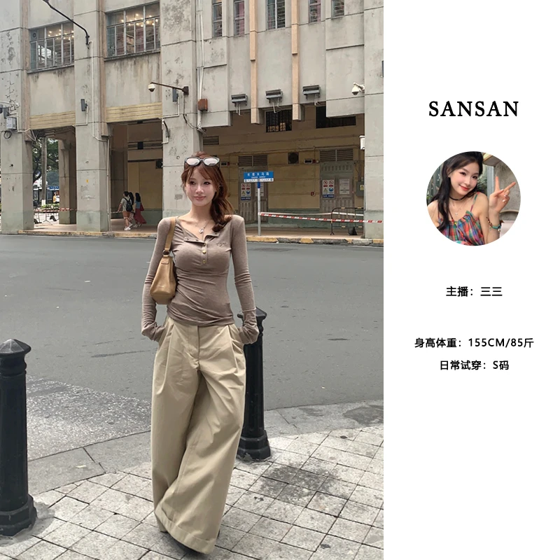 【三三】（重返千禧）美式复古一字领修身显瘦打底衫百搭微透上衣