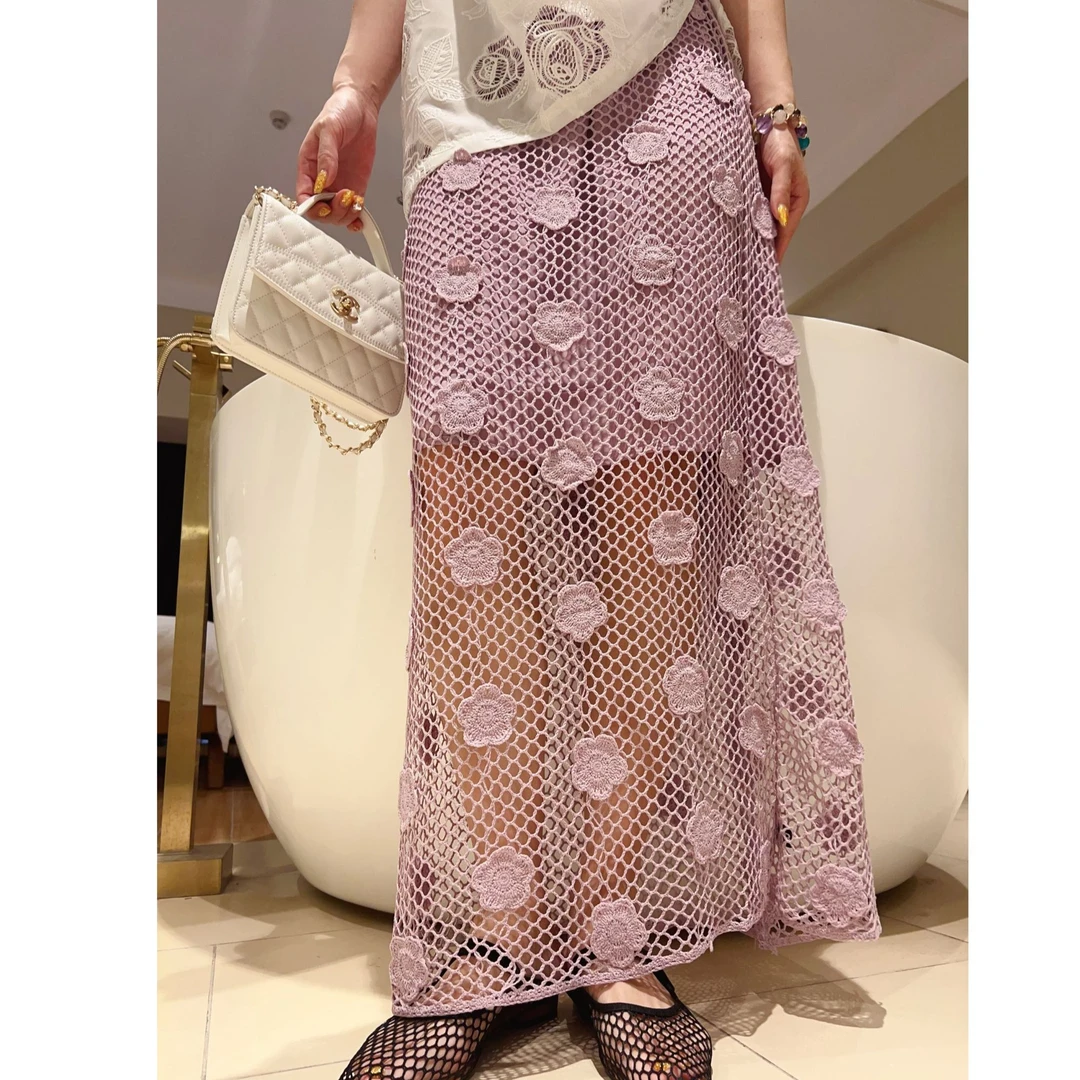 慵懒风韩系镂空针织半身裙女2025夏季新款气质宽松显瘦立体花半裙