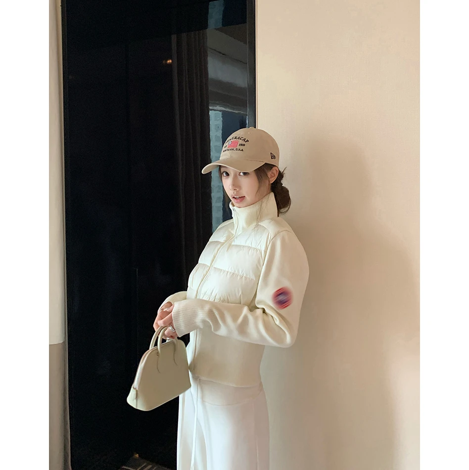 小香风白色针织拼接显瘦短款立领棉服外套女秋冬季洋气时尚棉衣