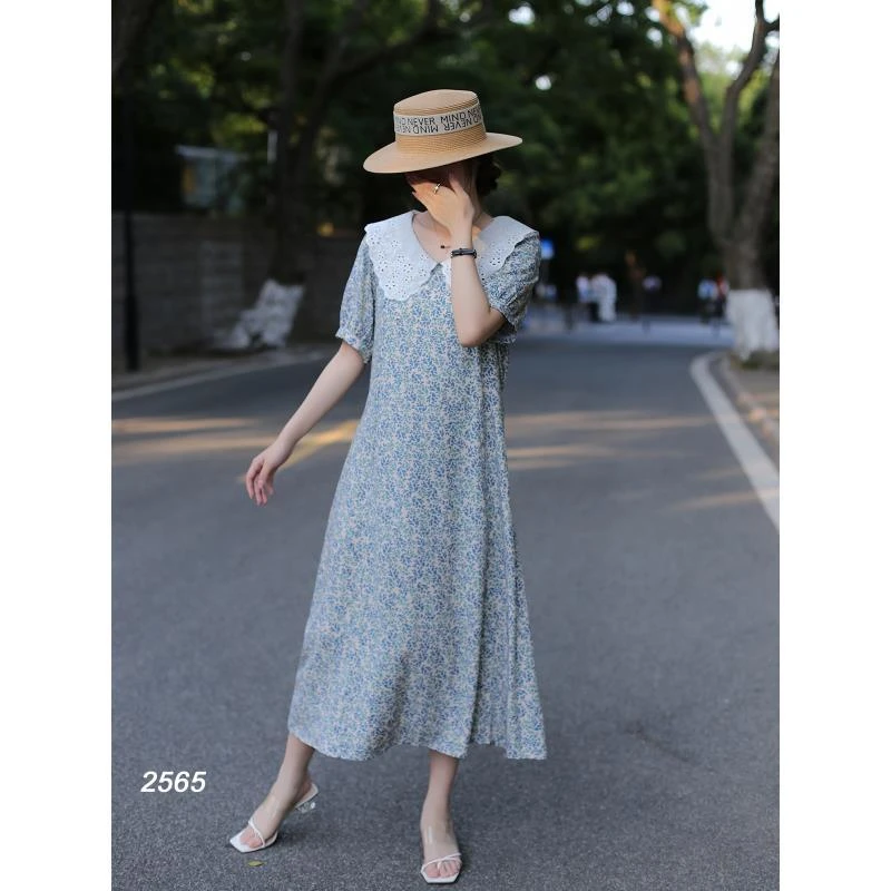 QX-蕾丝娃娃领棉绸碎花连衣裙女夏2025独特人造棉长裙子H01-2565