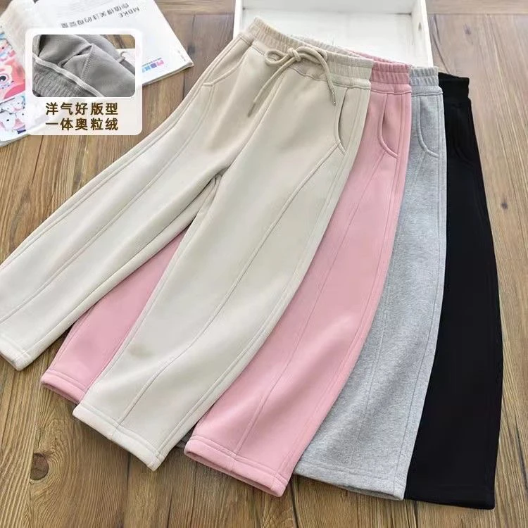 好版型女童简约大方一体绒保暖香蕉裤运动卫裤中大童直筒弯刀裤冬