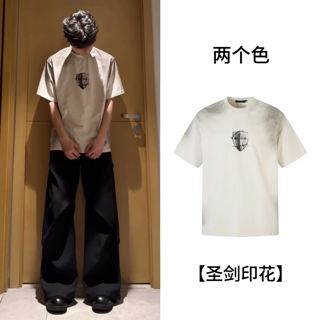 MKSN【圣剑印花】Vintage高街脏染复古做旧男女宽松小领口短袖T恤