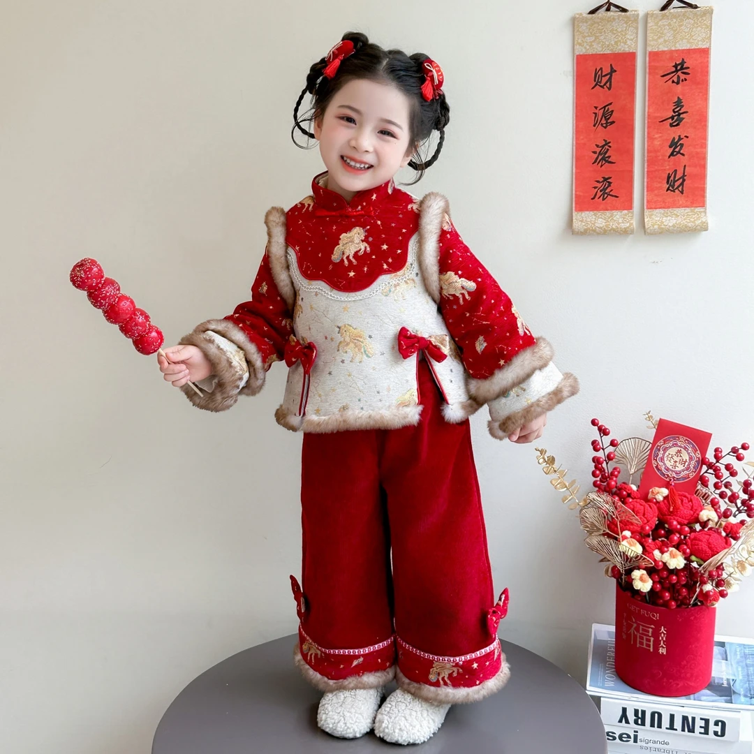 女童拜年服国风套装女宝夹棉加厚保暖冬装2025新中式儿童唐装年服