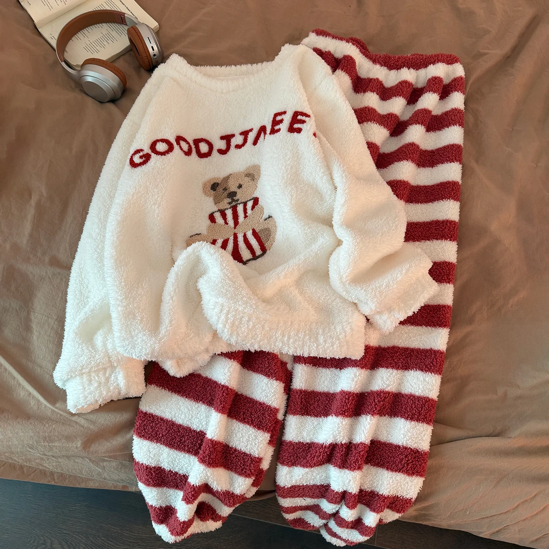 珊瑚绒睡衣女士秋冬季大码加厚仿半边绒条纹小熊套装可外穿家居服