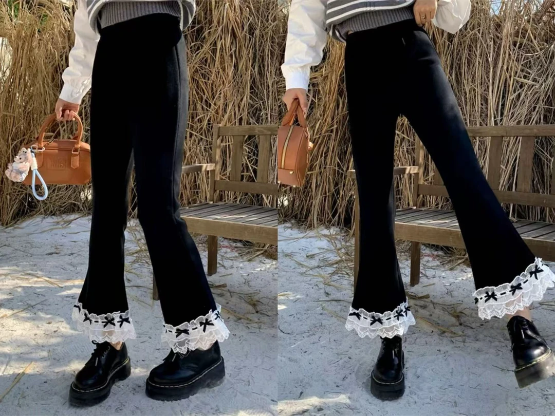 LL琳大码春季新款设计款花边微喇修身蕾丝边拼接九分休闲裤126