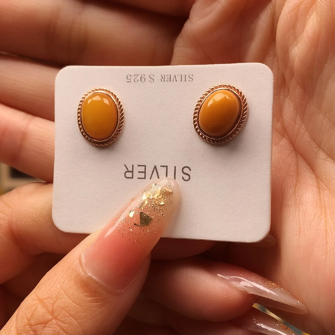 蜜蜡耳饰银S925镶嵌耳钉