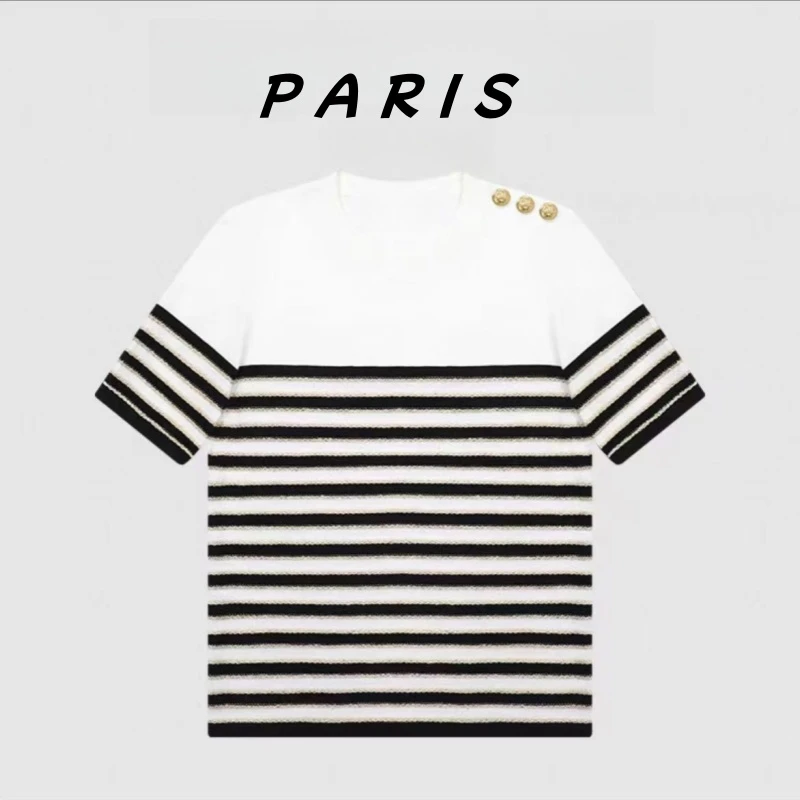 100%莱赛尔时尚简约经典海魂风条纹女款宽松针织衫X4556