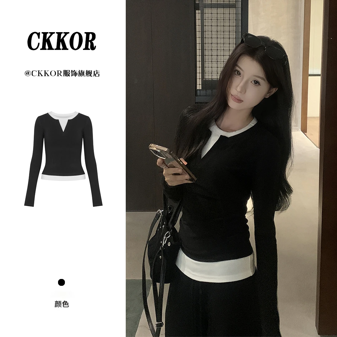 CKKOR春夏新款显瘦假两件拉链撞色高腰设计长袖上衣打底衫女内搭