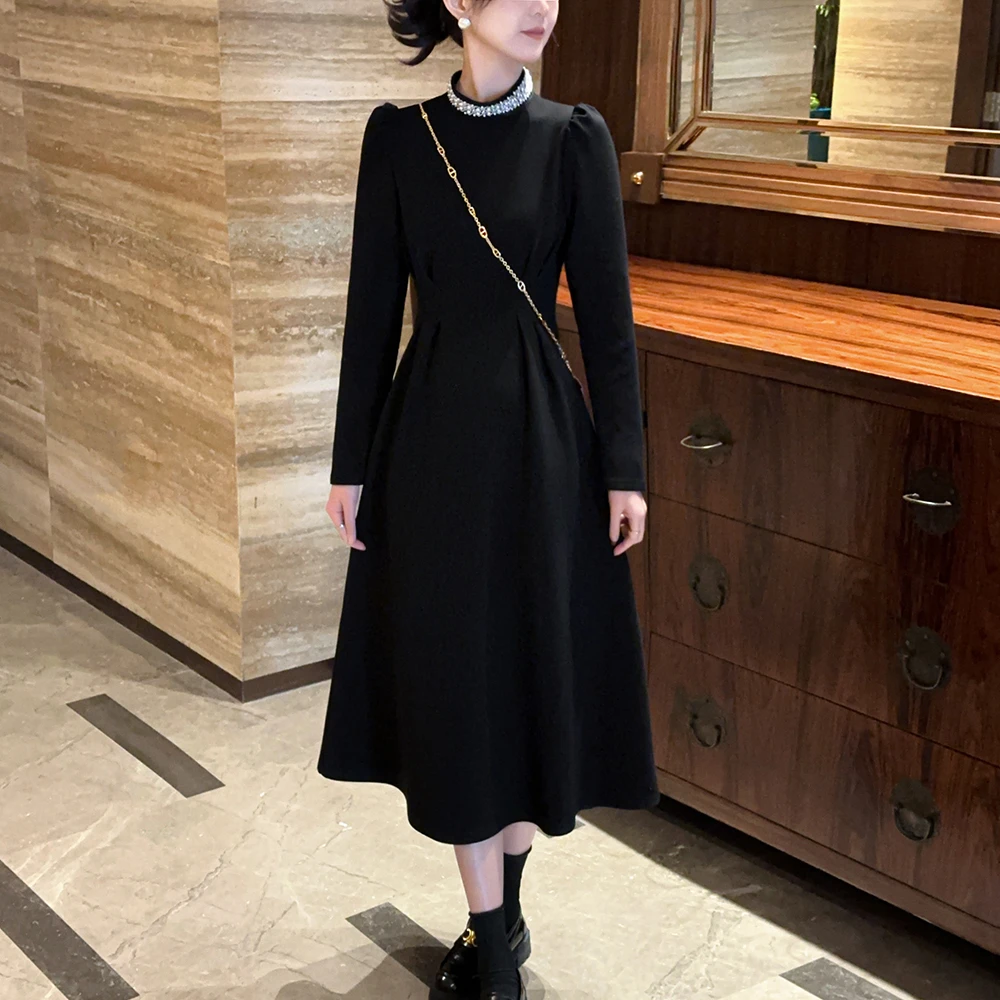 【跨年战袍】黑色长裙赫本风连衣裙高级感长袖春季显瘦小黑裙