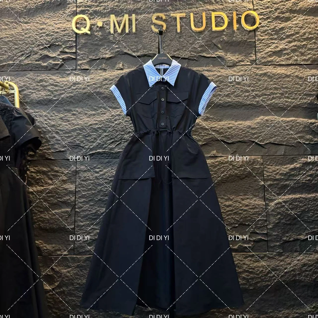 现货！！2025原创大码高定设计翻领蓝色拼接长裙套装休闲显瘦25108