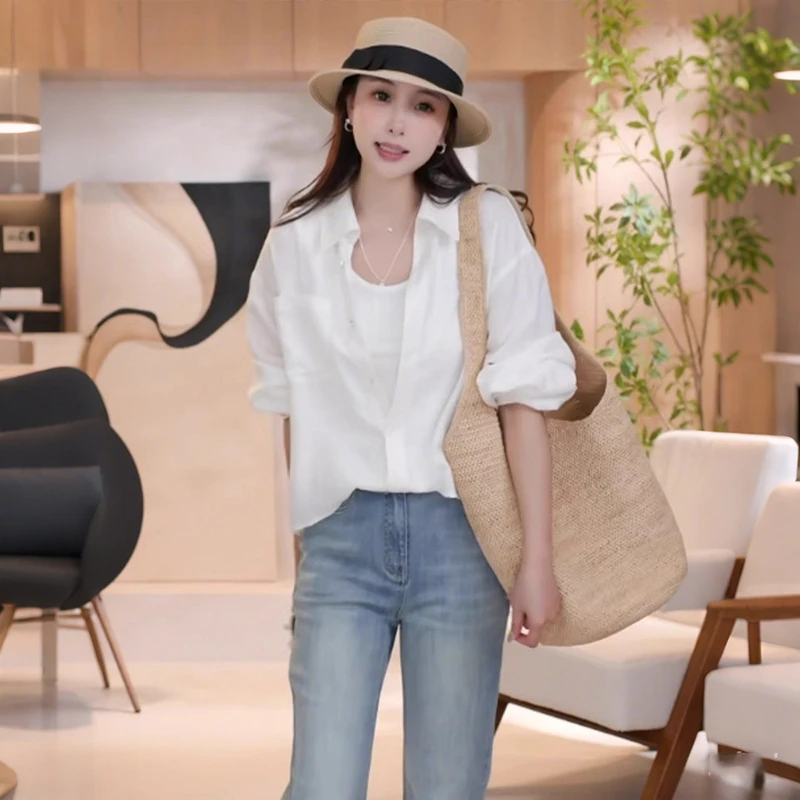 韩版时尚假两件衬衫+显瘦牛仔裤两件套女2025春季小众设计感套装