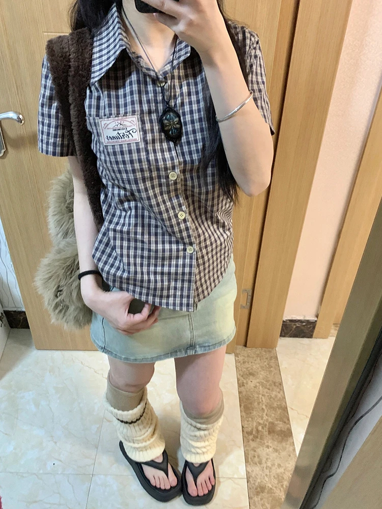 美式复古格纹短袖衬衫女夏季2025新款韩系格子polo衫翻领短款上衣