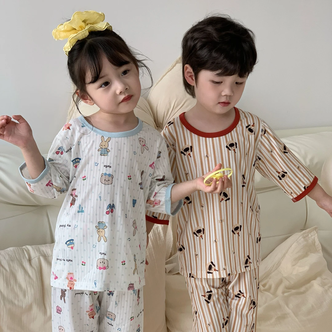 冰丝卡通风居家透气家居服套装空调服卡通睡衣满印七分袖时尚童装