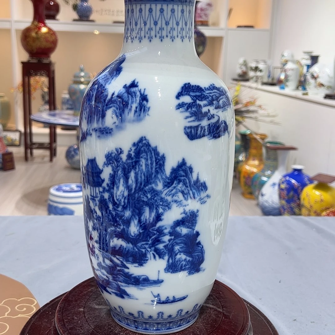 摆件陶35.5cm青花山水冬瓜瓶