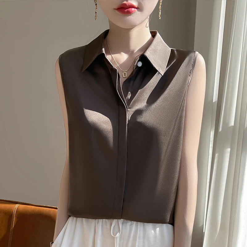 品牌撤柜清仓宽松型翻领设计感百搭背心纯色桑蚕丝衬衫显瘦外穿